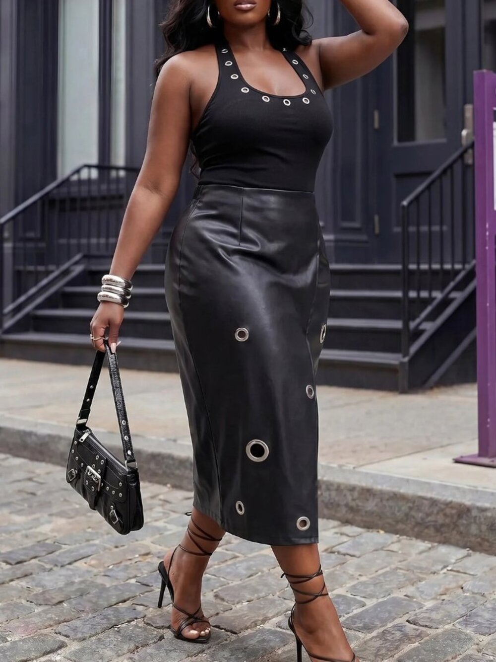 Black Elegant Women's Faux Leather High Waisted Midi Skirt